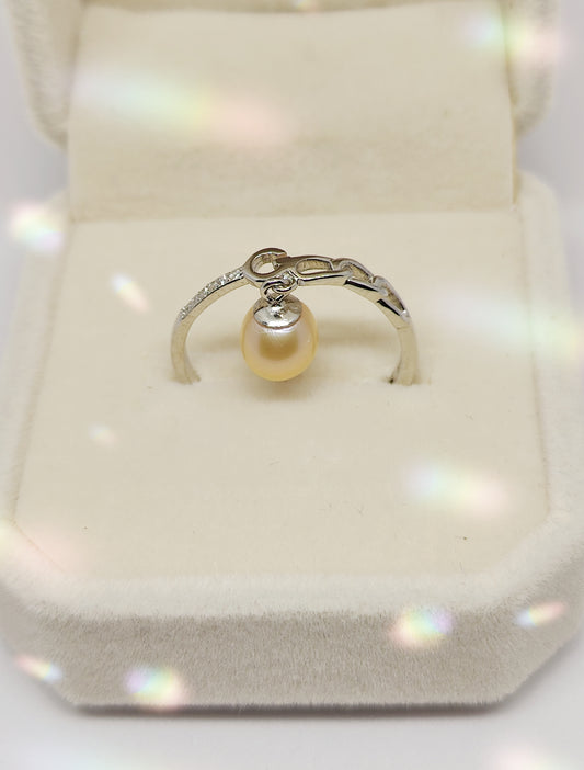 White-Gold-Plated Silver Ring with Zircon and Pearl(Size Adjustable)